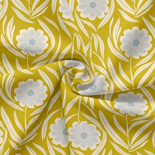 Fabric with white floral pattern on a yellow background