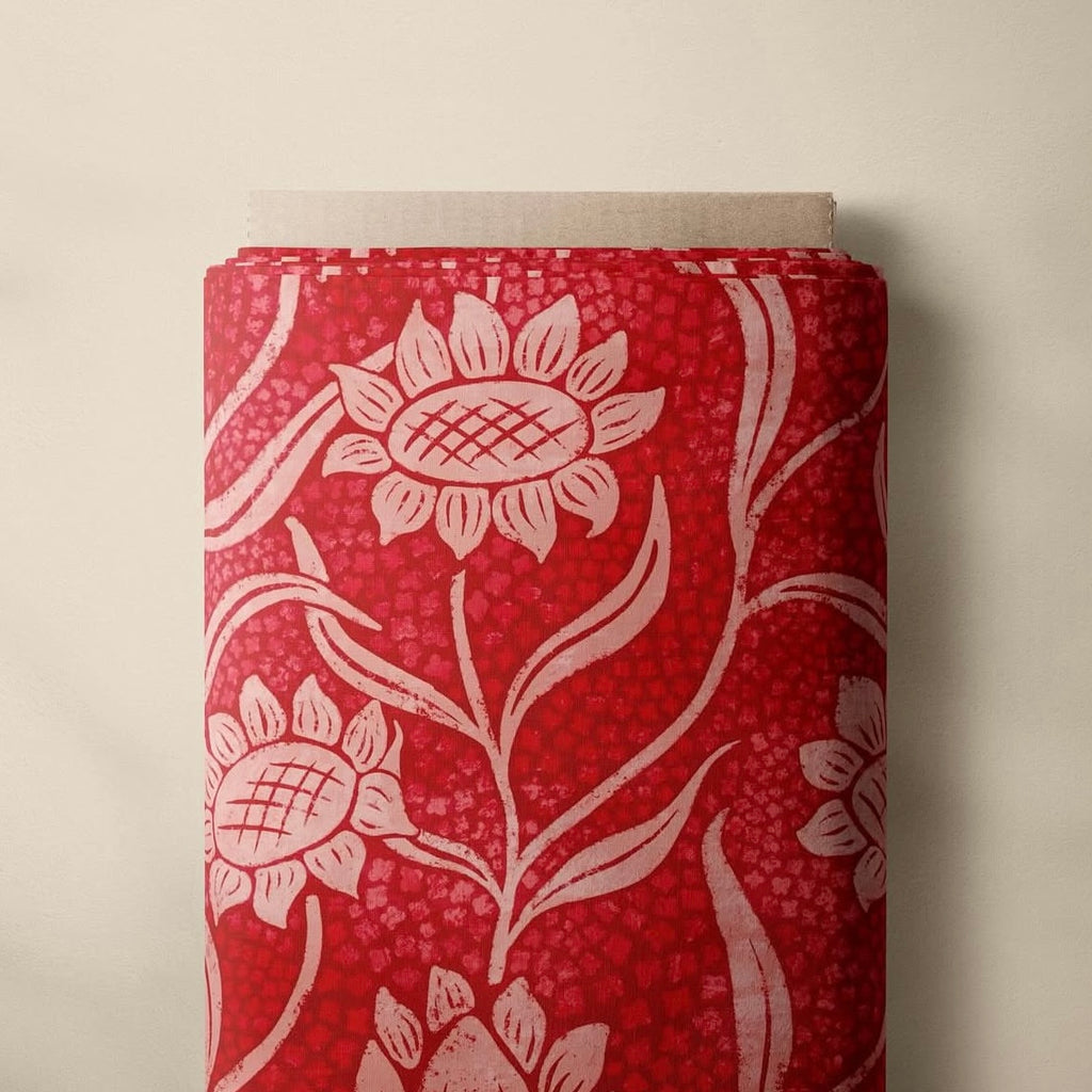 Bold Block-Print Sunflowers Cotton Fabric
